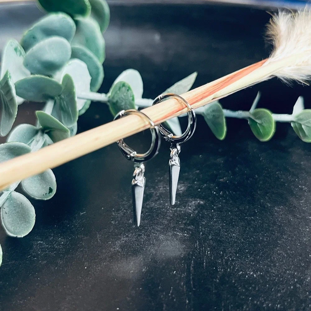 Witchy Athame Dagger Huggie Hoops | 14k White Gold Plated Earrings |‎ Boho Pagan